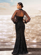 Black Long Sleeve Mesh Sequin Floor Length Dress